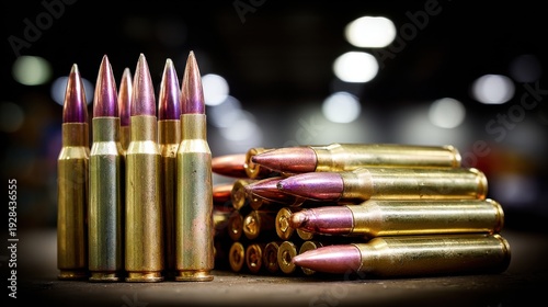 Wallpaper Mural A detailed pile of metallic ammunition cartridges with pointed projectiles, glinting under focused lighting against a blurred background Torontodigital.ca