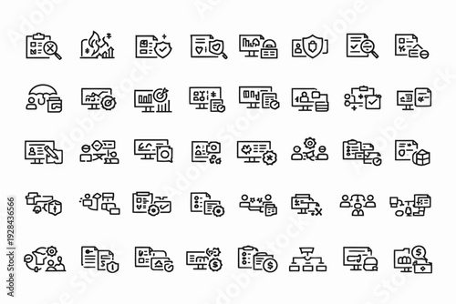 Diverse collection of illustrated icons depicting various office and communication tools