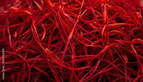 Vibrant red saffron threads macro. Luxury expensive culinary spice.