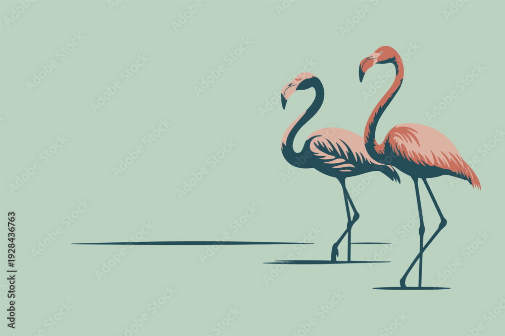 Fototapeta premium Elegant flamingos standing together in modern illustration with copy space
