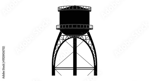 Minimalist depiction of a black water tower with a distinctive supporting structure