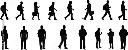 Business people walking and standing silhouettes set with briefcase and smartphone, professional men and women isolated on white background corporate lifestyle illustration