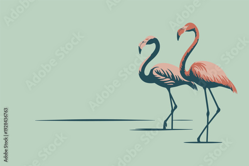 Elegant flamingos standing together in modern illustration with copy space