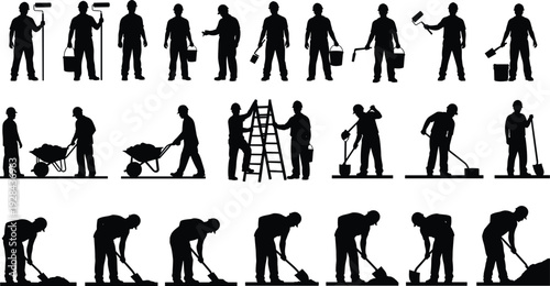 Construction and maintenance worker silhouettes set with painting, digging and cleaning tools, industrial labor collection isolated on white background, building renovation concept illustration