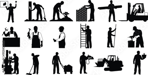 Construction and industrial worker silhouettes set with building, masonry, painting and heavy equipment operation, professional labor team isolated on white background illustration