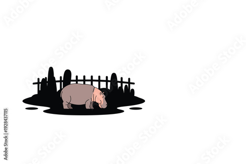 Hippopotamus standing behind fence in water with copy space