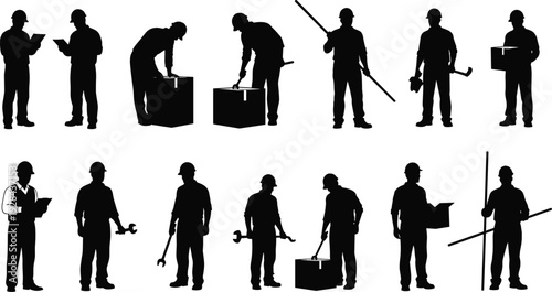 Construction worker silhouettes set with tools and equipment, industrial labor team collection isolated on white background, engineering, maintenance and building industry concept illustration
