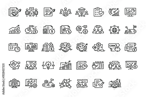 Vintage-style icons depicting a variety of vehicles, tools, and household objects in black and white