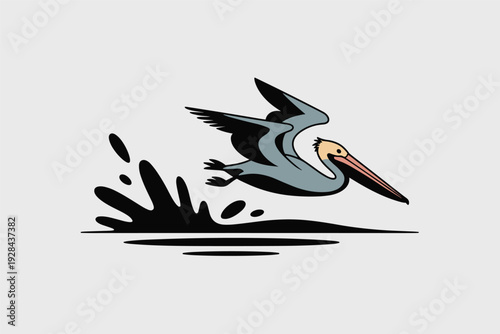 Pelican taking flight over water with dynamic splash with copy space