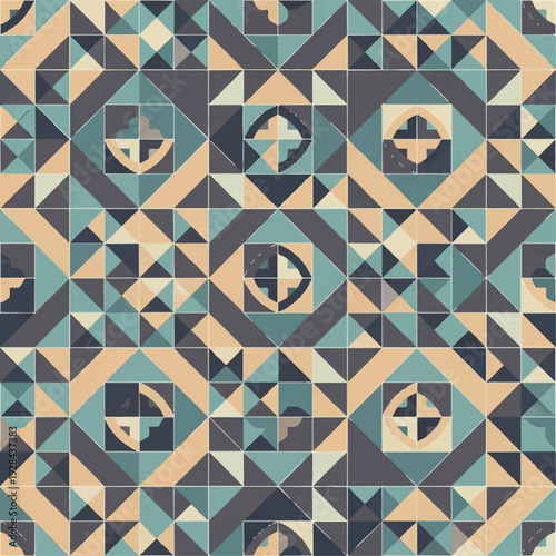 Geometric pattern with blue and beige shapes.