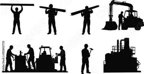 Industrial and construction worker silhouettes carrying beams and operating heavy machinery, factory and engineering labor team isolated on white background illustration