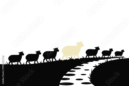 Flock of sheep walking in line with one different sheep with copy space