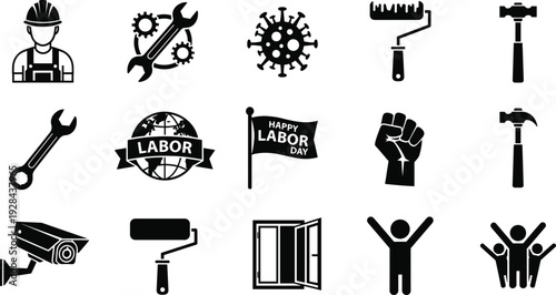 Labor Day and construction worker icon set with tools, maintenance equipment and celebration symbols, black solid silhouettes isolated on white background vector illustration
