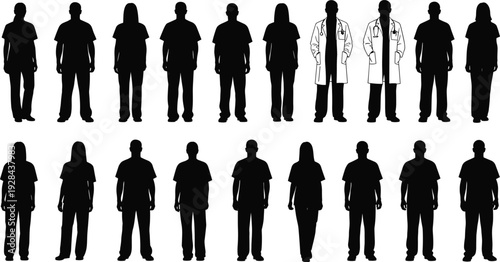 Medical doctor and healthcare worker silhouettes standing in uniform and lab coat, hospital staff team isolated on white background illustration collection