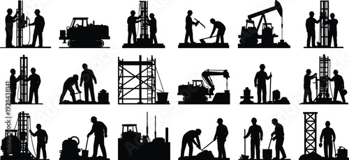 Oil and gas industry worker silhouettes with drilling rigs, pumpjacks and heavy equipment, petroleum extraction and industrial energy production isolated on white background illustration