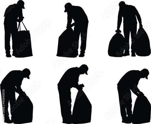 Silhouette of sanitation worker collecting garbage bags, waste management concept, isolated black figure set on white background, recycling and environmental cleanup service illustration