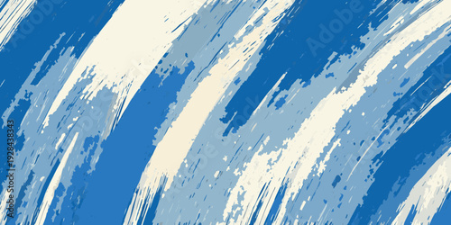 Abstract blue and white brushstrokes create a dynamic textured background