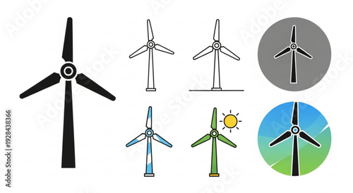 Wind turbine icons in various styles and colors on white background for renewable energy concepts