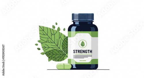 Green supplement bottle with leaf and capsule on white background for health and wellness concept