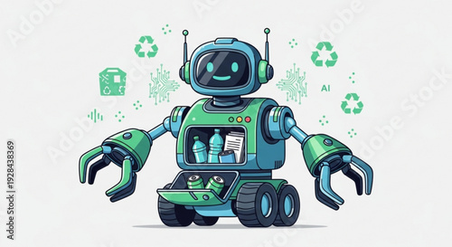 Eco friendly robot collecting recyclables with green recycling symbols around it
