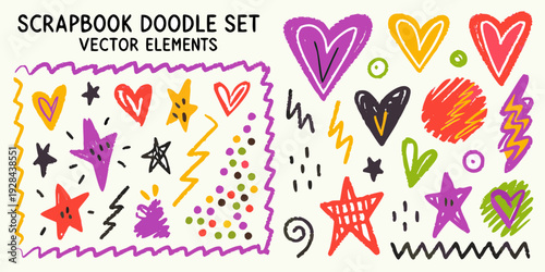 Colorful scrapbook doodle set with hearts stars and lightning bolts