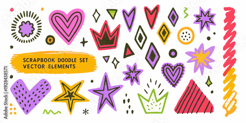 Colorful doodle illustrations hearts stars crowns and geometric shapes