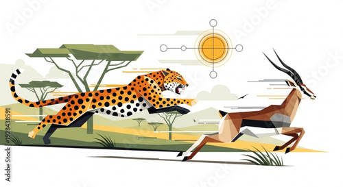 Leopard chases antelope in savannah landscape with acacia trees under sunny sky