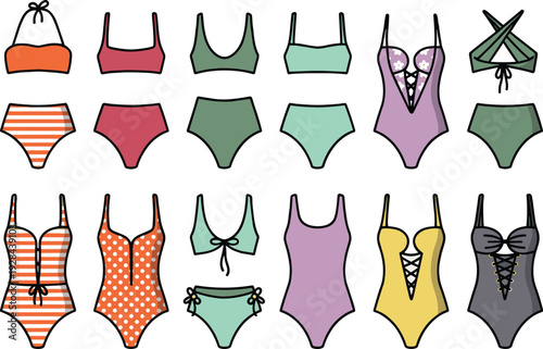 Women swimwear collection set, colorful bikini and one piece swimsuit fashion vector illustration isolated on white background