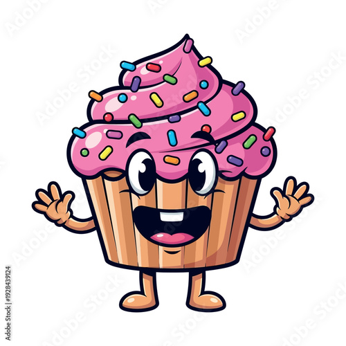 Happy cartoon cupcake with pink frosting and colorful sprinkles