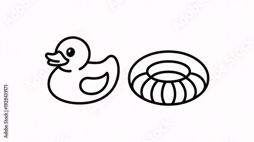 Rubber duck and inflatable ring in playful line art style