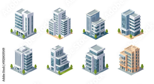 Isometric modern buildings vector set for city design