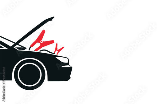 Car engine repair with red jumper cables on hood with copy space