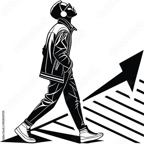 Young man wearing headphones and sunglasses walking up stairs with arrow graphic representing success and progress, black and white.