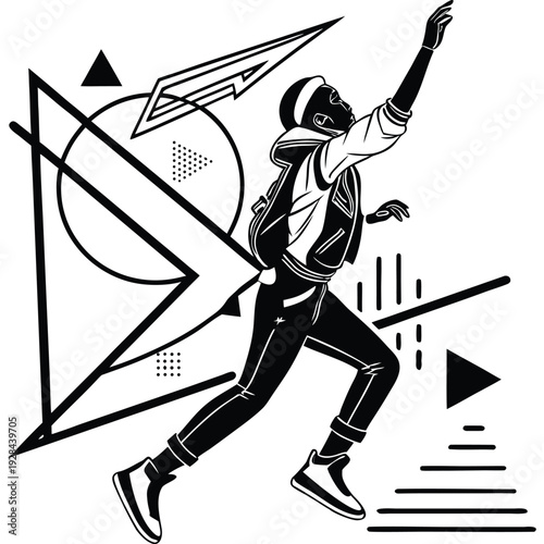 Dynamic silhouette of person reaching upwards amidst abstract geometric shapes, representing aspiration and creativity, monochrome.