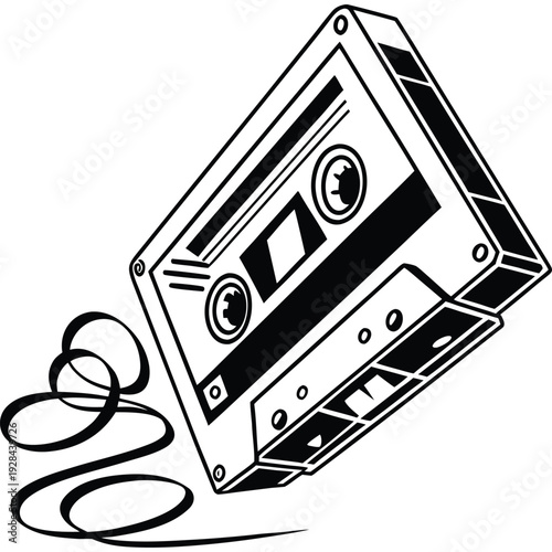 Vintage cassette tape with ribbon unspooling, symbolizing music, nostalgia, retro technology, and audio recording, black and white.