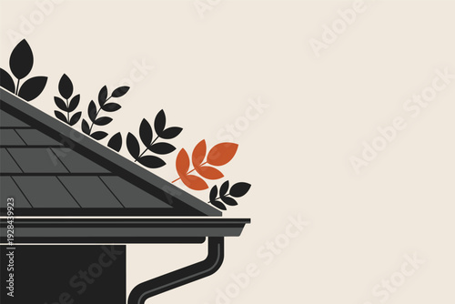 Modern roof with gutter system and decorative leaves with copy space