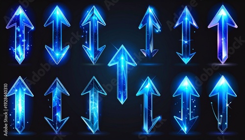 Set of glowing blue arrows pointing up and down.