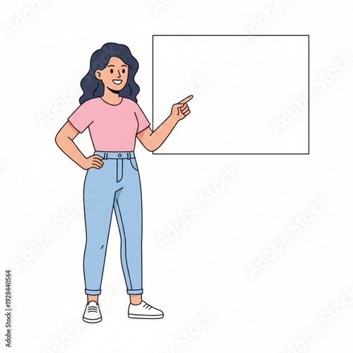 Casual young woman pointing at empty presentation board. Perfect for online class, workshop slide, digital marketing content, and explainer template