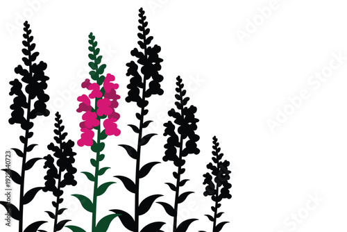 Vibrant pink flower standing out among dark foliage with copy space