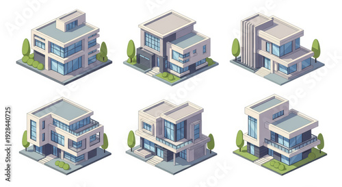 Isometric modern house set, architecture design