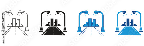 Urban Road Streetlight and Lighting Icon set. Street light icon. City lights symbol. Vector illustration.