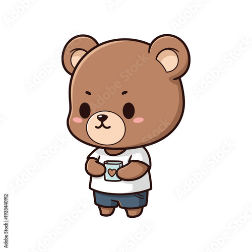 Cute brown cartoon bear holding a heart mug wearing gray shirt and blue shorts