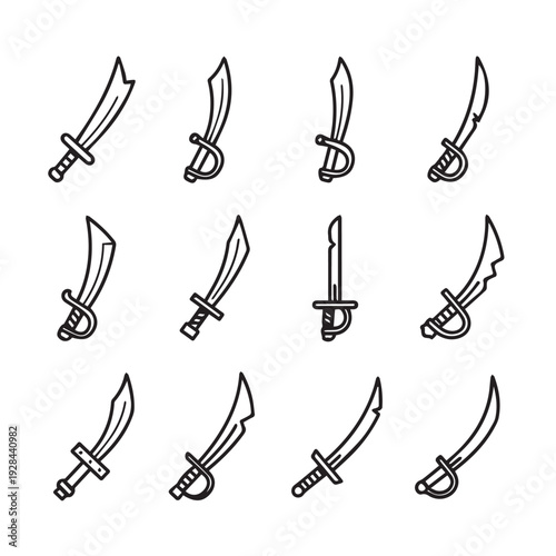 Collection of Curved Swords and Sabers with Guards Vector Icons