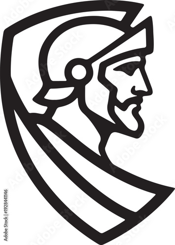 Stylized black and white Roman warrior profile logo