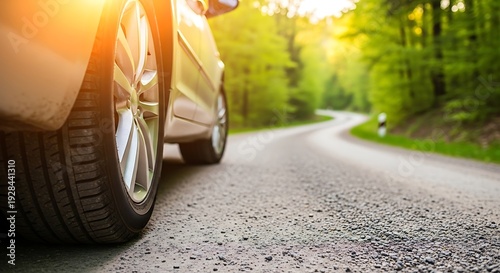 Car on a winding forest road bathed in sunlight, focus on tire