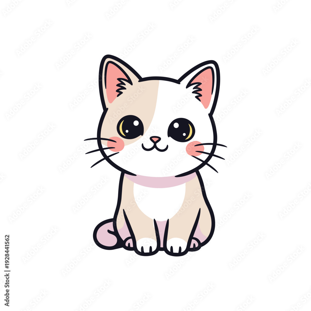 Obraz premium Cute white and beige kitten sitting with large eyes and pink accents