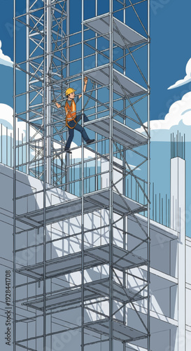 A construction worker in a hard hat and safety harness climbs a tall scaffolding structure at a building site under a blue sky.