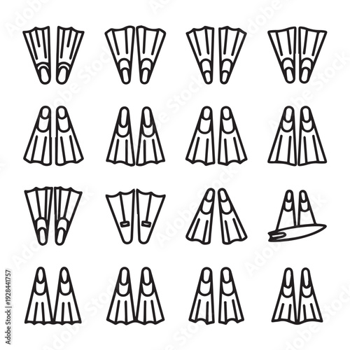 Collection of Different Swim Fins and Snorkel Fins Icons