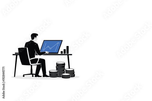 Businessman analyzing financial growth on laptop with stacks of coins nearby with copy space