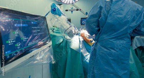 In a high-tech operating room, a surgeon skillfully guides a robotic arm during a knee replacement. Advanced 3D modeling aids in achieving precise alignment and soft tissue balancing
